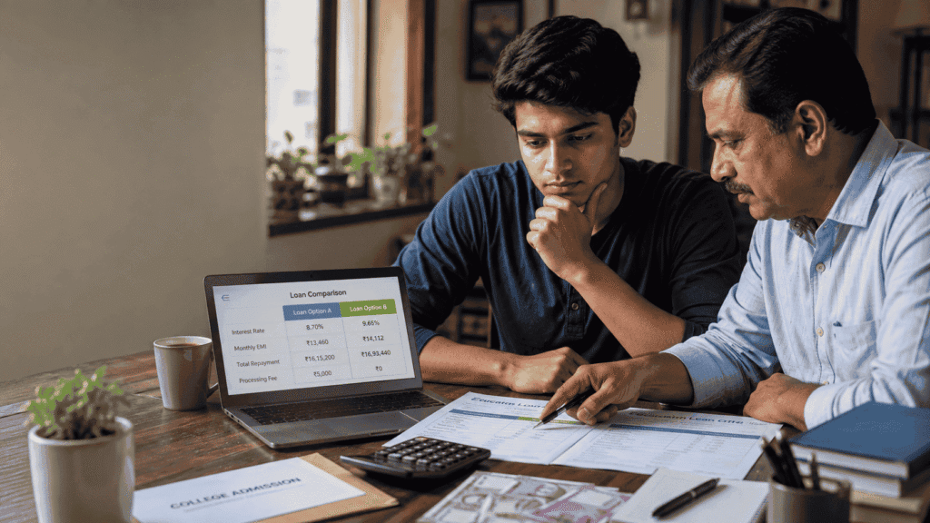 Indian student comparing student loan vs education loan offers on laptop