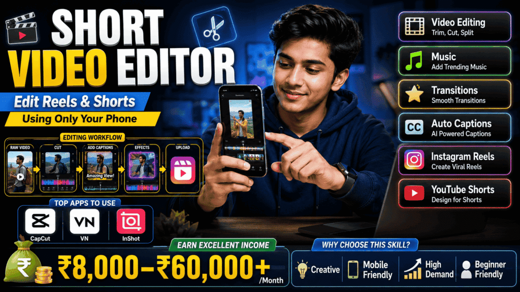 student editing short videos on mobile for online income