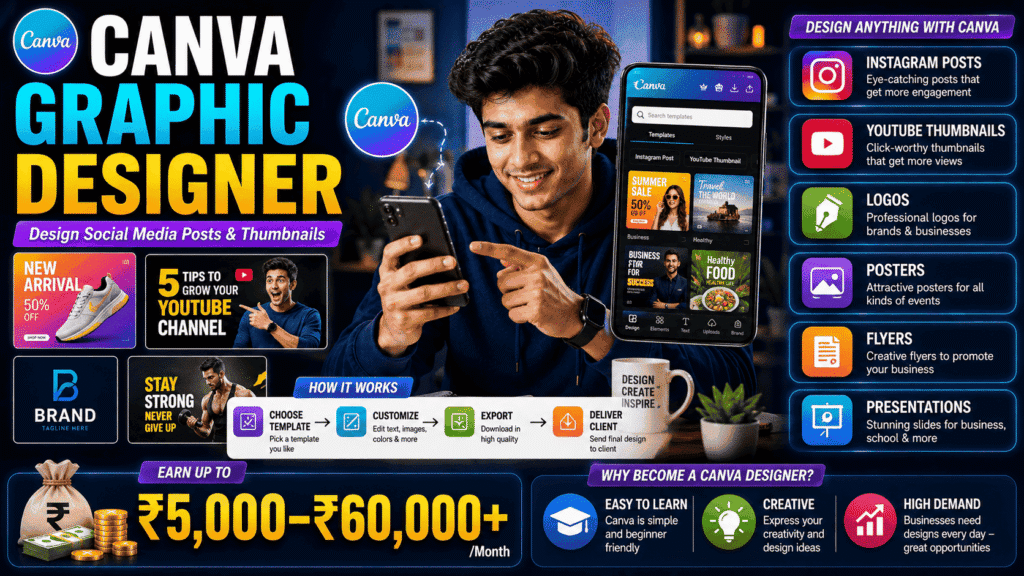 student designing social media graphics using Canva mobile app